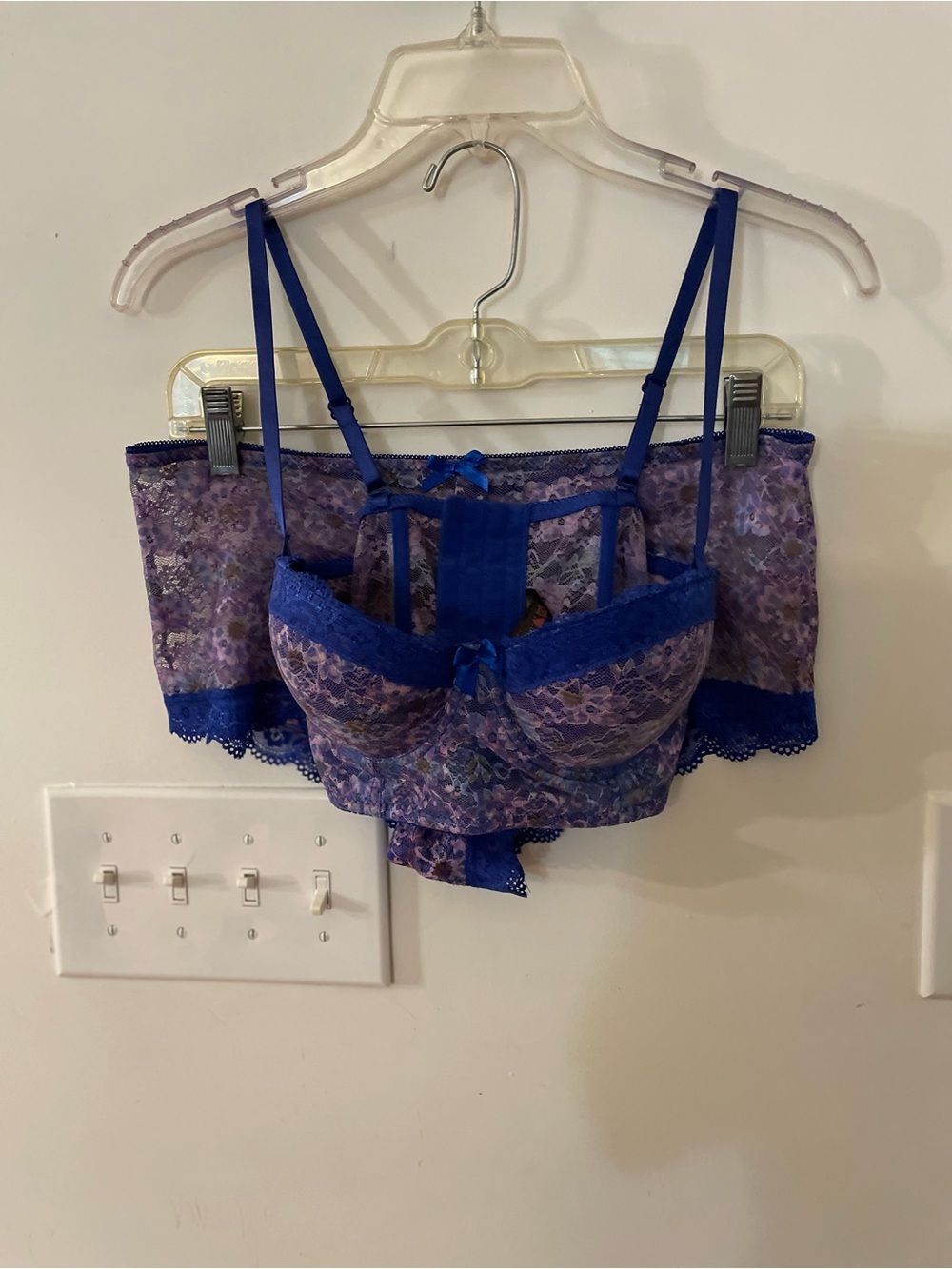 Black Fuchsia Life Purple & Blue Lace Longline Bra Set 34C